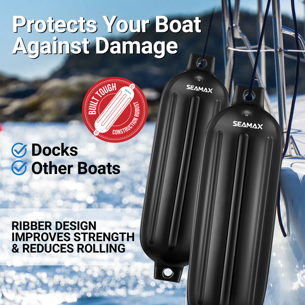 Pack of 4, Seamax Heavy Duty Ribbed Inflatable Boat Fender with 5ft Rope  6.5" x 23", Marine Guard PVC in White