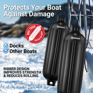Pack of 4, Seamax Heavy Duty Ribbed Inflatable Boat Fender with 5ft Rope  6.5" x 23", Marine Guard PVC in White