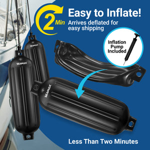 Pack of 4, Seamax Heavy Duty Ribbed Inflatable Boat Fender with 5ft Rope  6.5" x 23", Marine Guard PVC in White