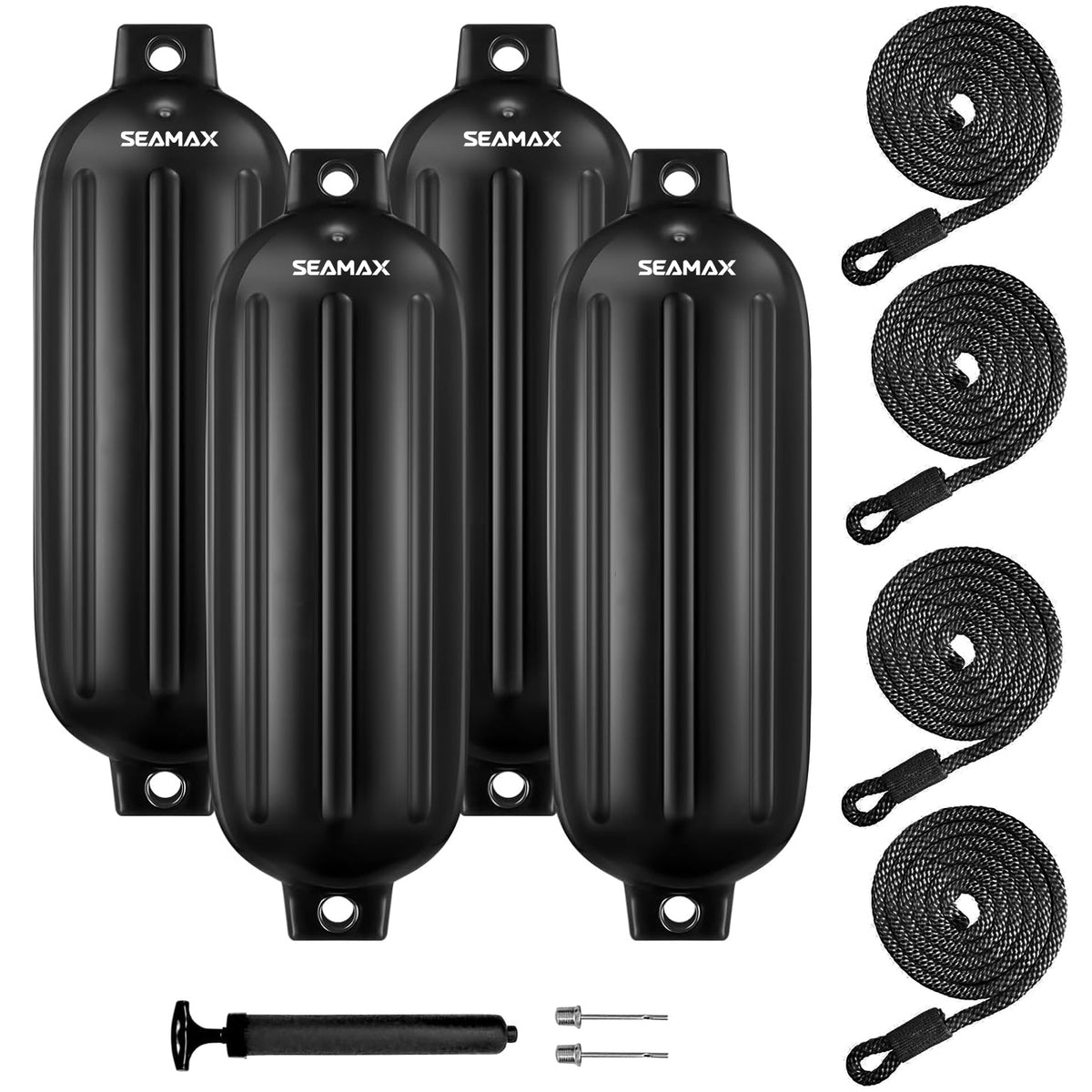 Pack of 4, Seamax Heavy Duty Ribbed Inflatable Boat Fender with 5ft Rope  6.5" x 23", Marine Guard PVC in White