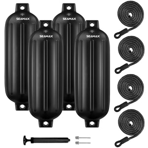 Pack of 4, Seamax Heavy Duty Ribbed Inflatable Boat Fender with 5ft Rope  6.5" x 23", Marine Guard PVC in White