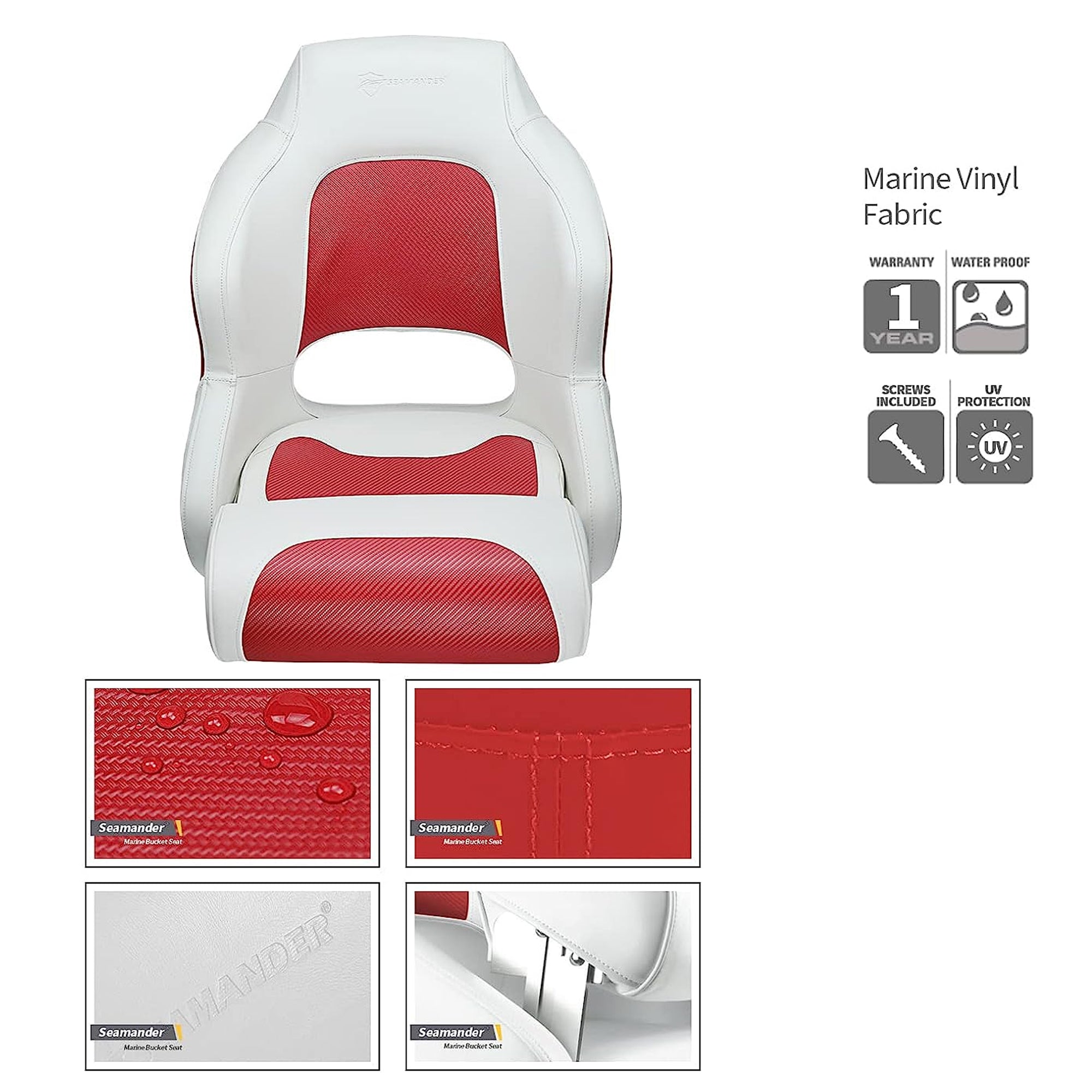 Seamander Captain Bucket Seat Boat Seat, Filp Up Boat Seat BS002WR (White/Red)