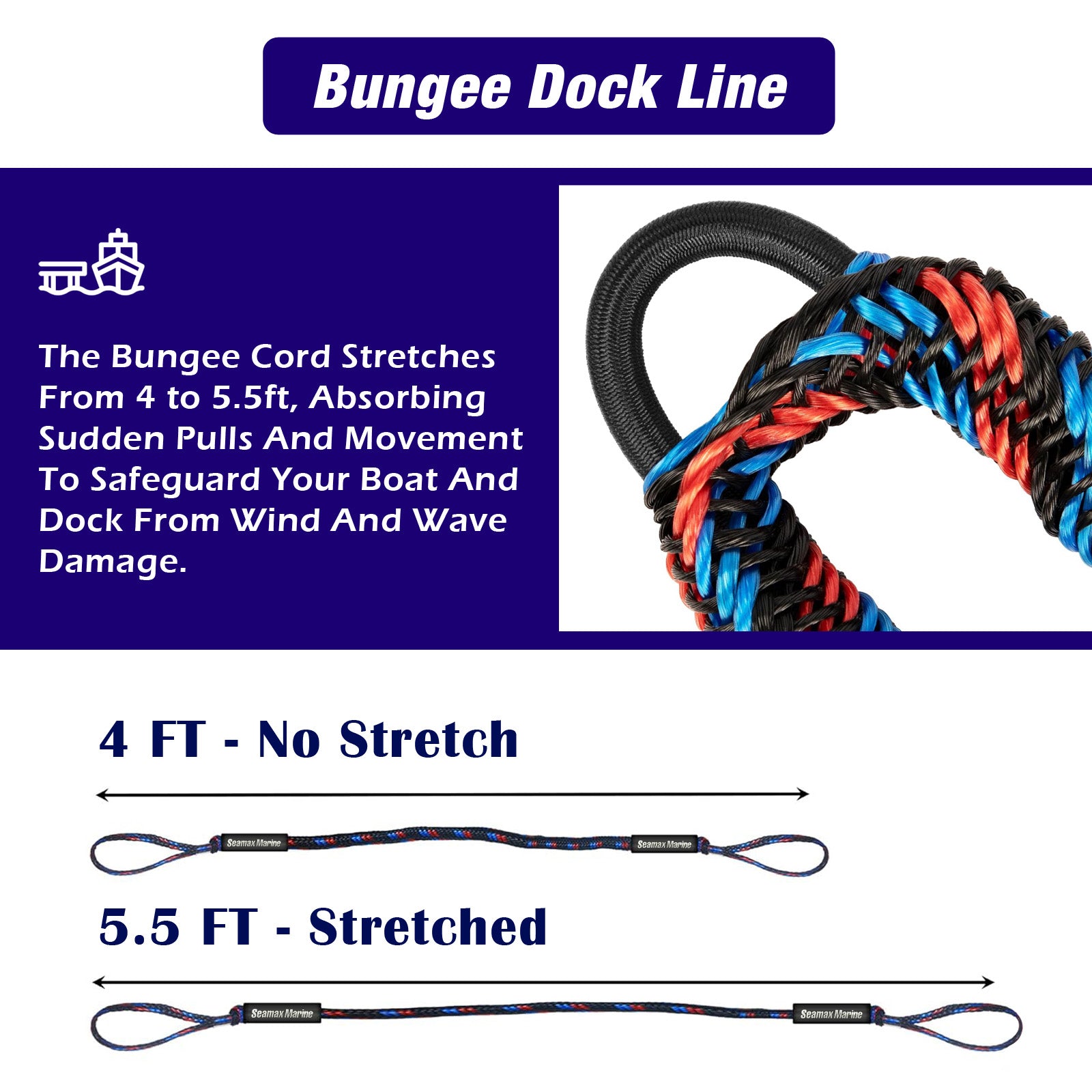 Seamax 2-Pack Bungee Dock Lines – Stretch Mooring Ropes for Boat, Jet Ski, Pontoon, Sea-Doo, WaveRunner, Kayak – 4ft to 5.5ft Shock Absorbing Dock Cords, Boating Accessories Gift