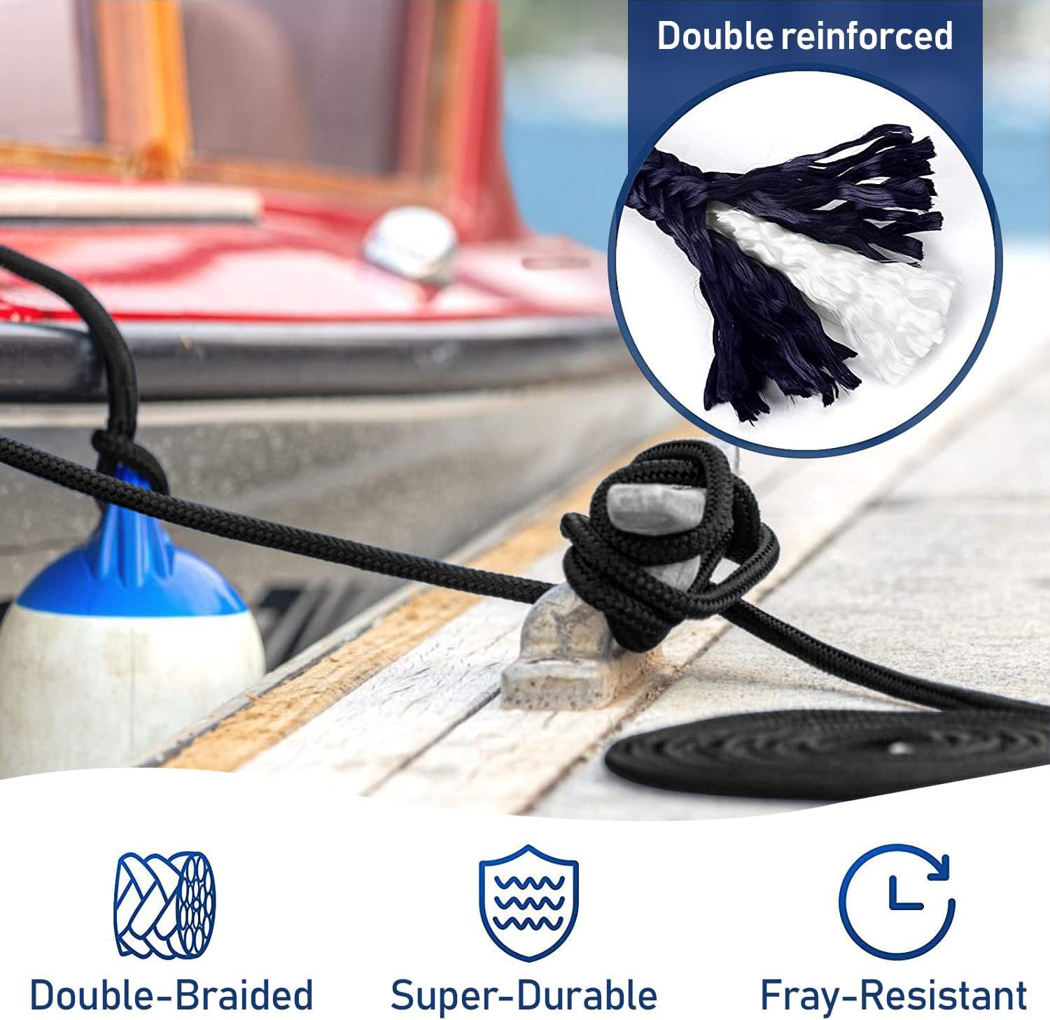 Seamax 2-Pack Heavy Duty Dock Line, Marine Grade Nylon Double Braided, Black Color, Multiple Sizes