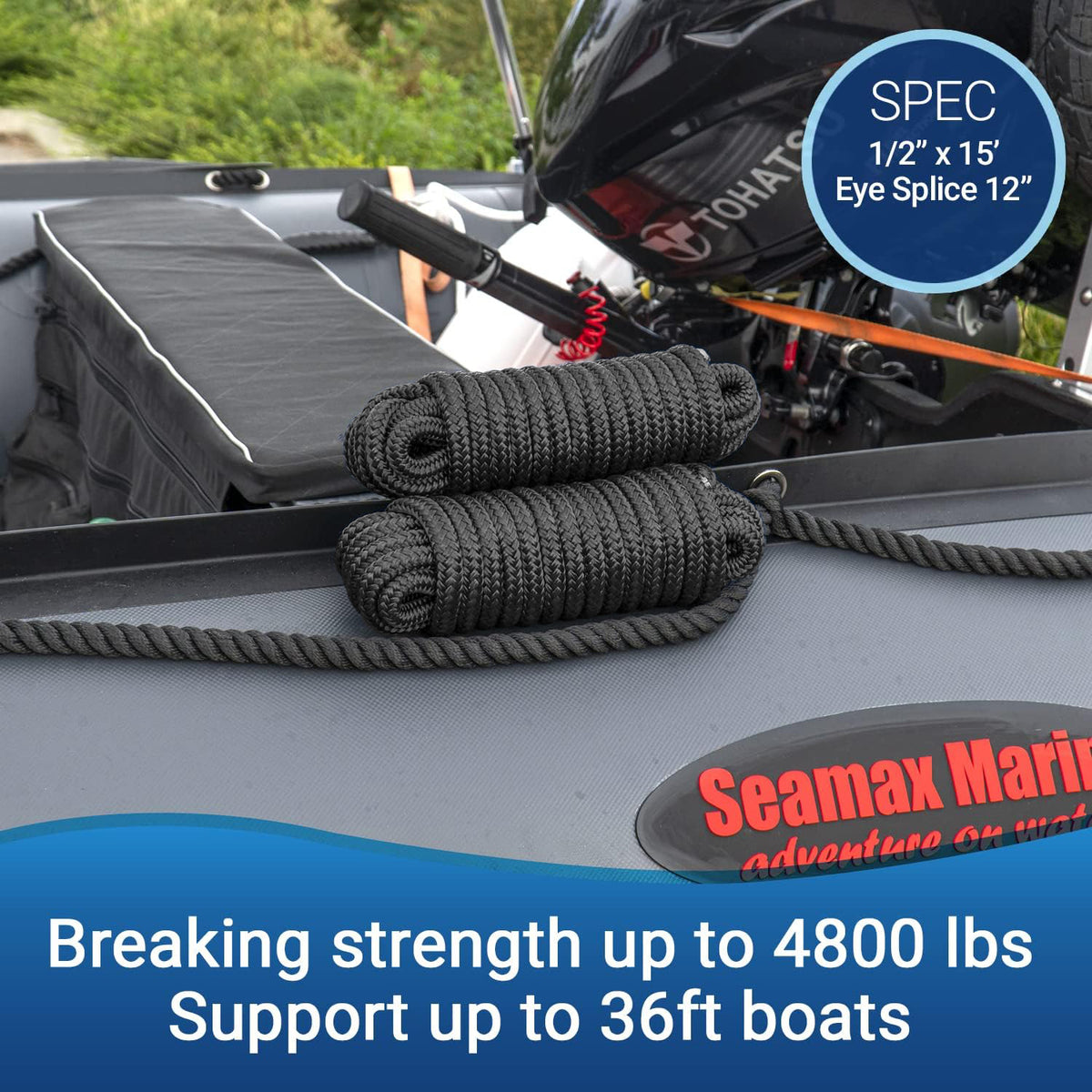 Seamax 2-Pack Heavy Duty Dock Line, Marine Grade Nylon Double Braided, Black Color, Multiple Sizes