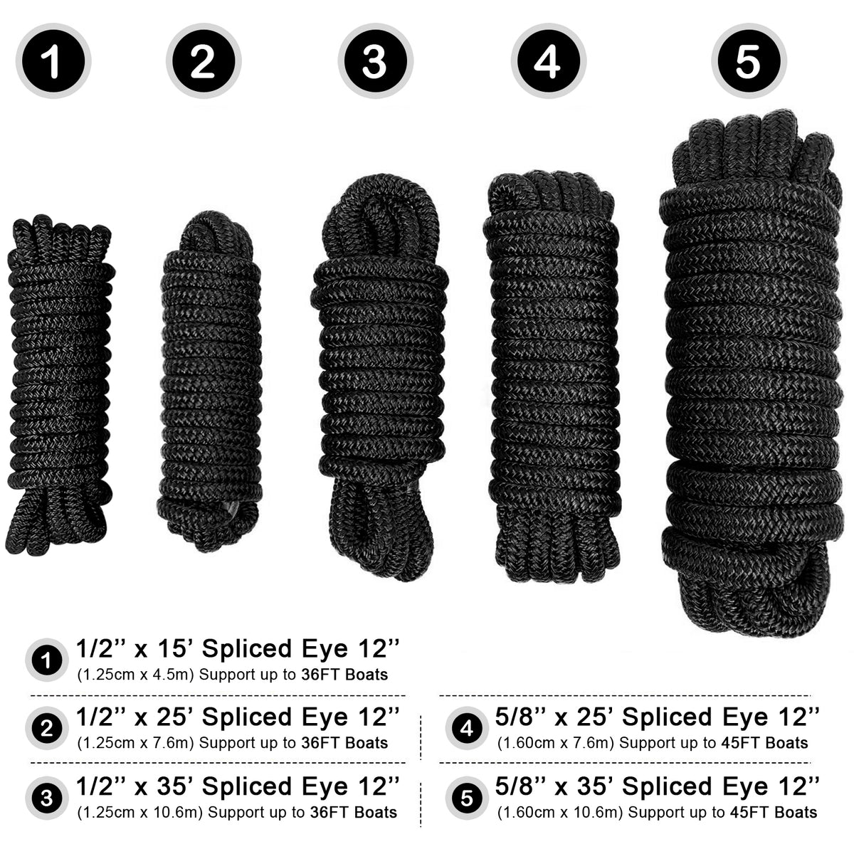Seamax 2-Pack Heavy Duty Dock Line, Marine Grade Nylon Double Braided, Black Color, Multiple Sizes