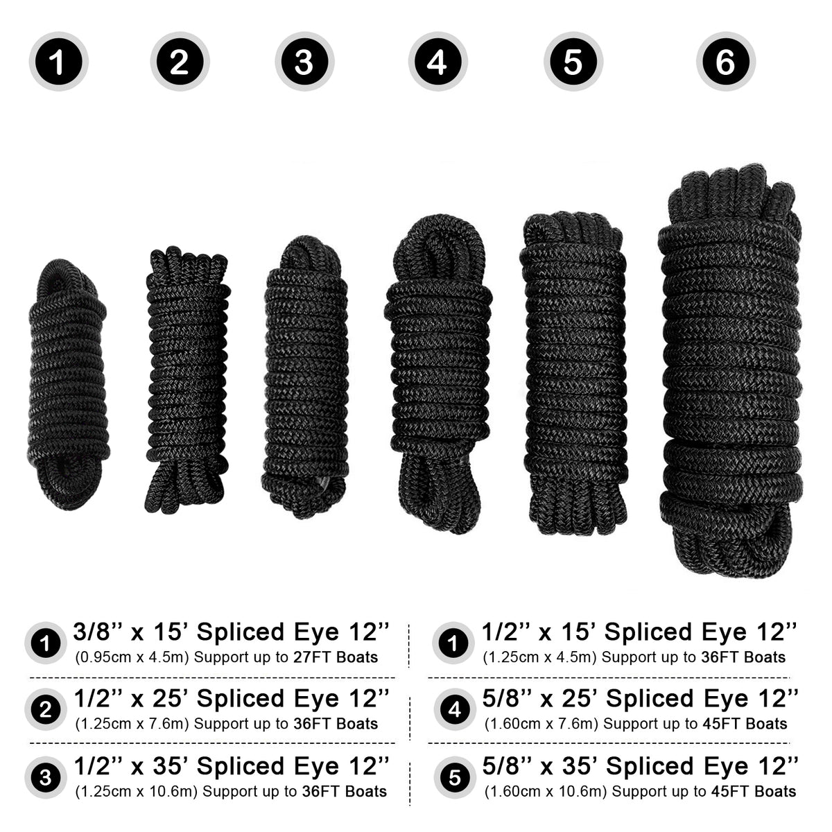 Seamax 2-Pack Heavy Duty Dock Line, Marine Grade Nylon Double Braided, Black Color, Multiple Sizes