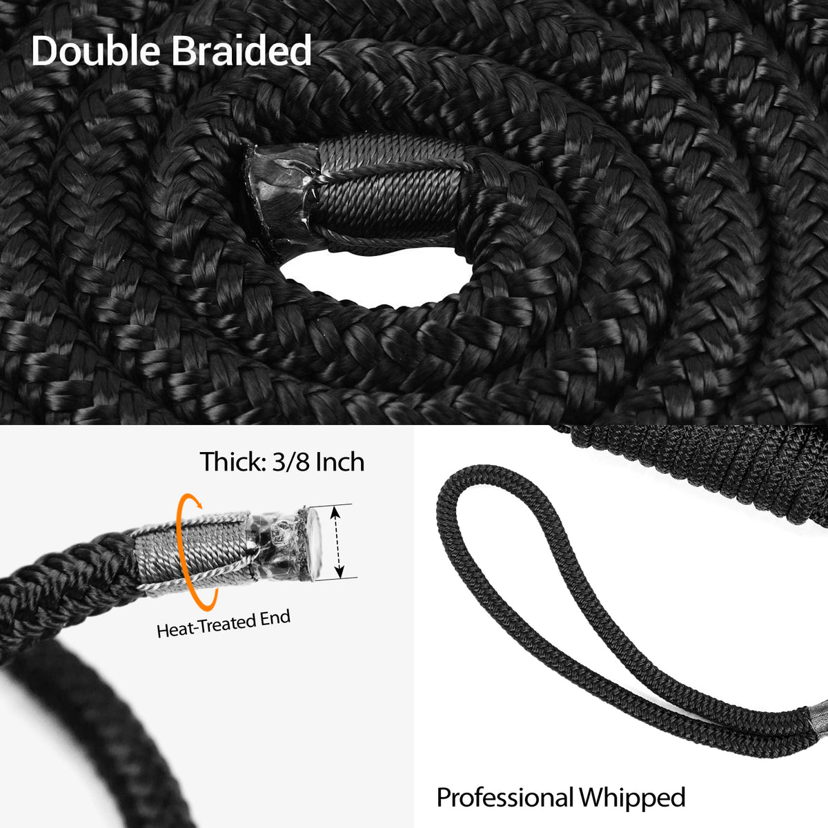 Seamax 2-Pack Heavy Duty Dock Line, Marine Grade Nylon Double Braided, Black Color, Multiple Sizes