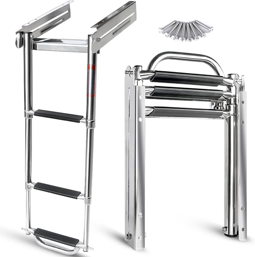 Seamax 3-Step Ladder Under Platform Slide Mount Boat Boarding Ladder, Telescoping Ladder with a Carry Handle and Mounting Screws, Press-Type Spring Latch