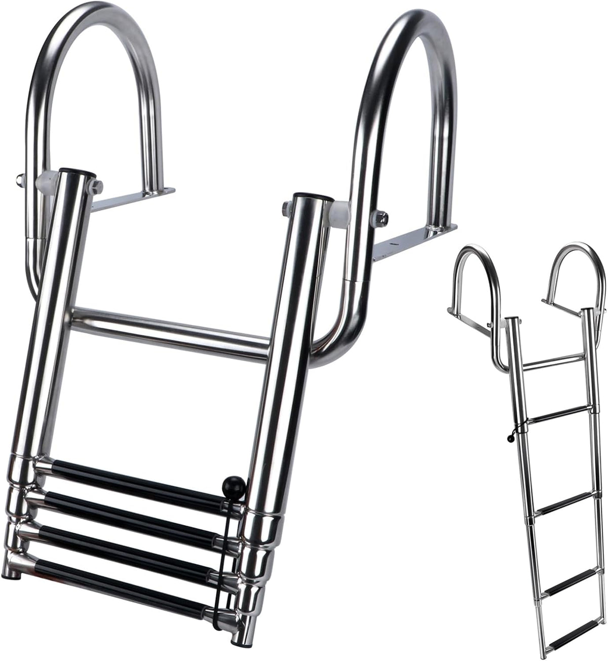 Seamax 4 Step Pontoon Boat Ladder, Stainless Steel Telescoping Folding Boat Ladder Rear Entry Heavy Duty Custom Inboard with Pedal and Safe Handrails