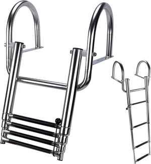 Seamax 4 Step Pontoon Boat Ladder, Stainless Steel Telescoping Folding Boat Ladder Rear Entry Heavy Duty Custom Inboard with Pedal and Safe Handrails