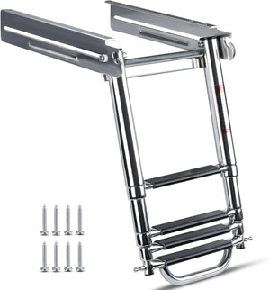 Seamax 4 Step Boat Ladder Under Platform Slide Mount Boat Boarding Ladder, Telescoping Ladder with a Carry Handle and Mounting Screws, Press-Type Spring Latch