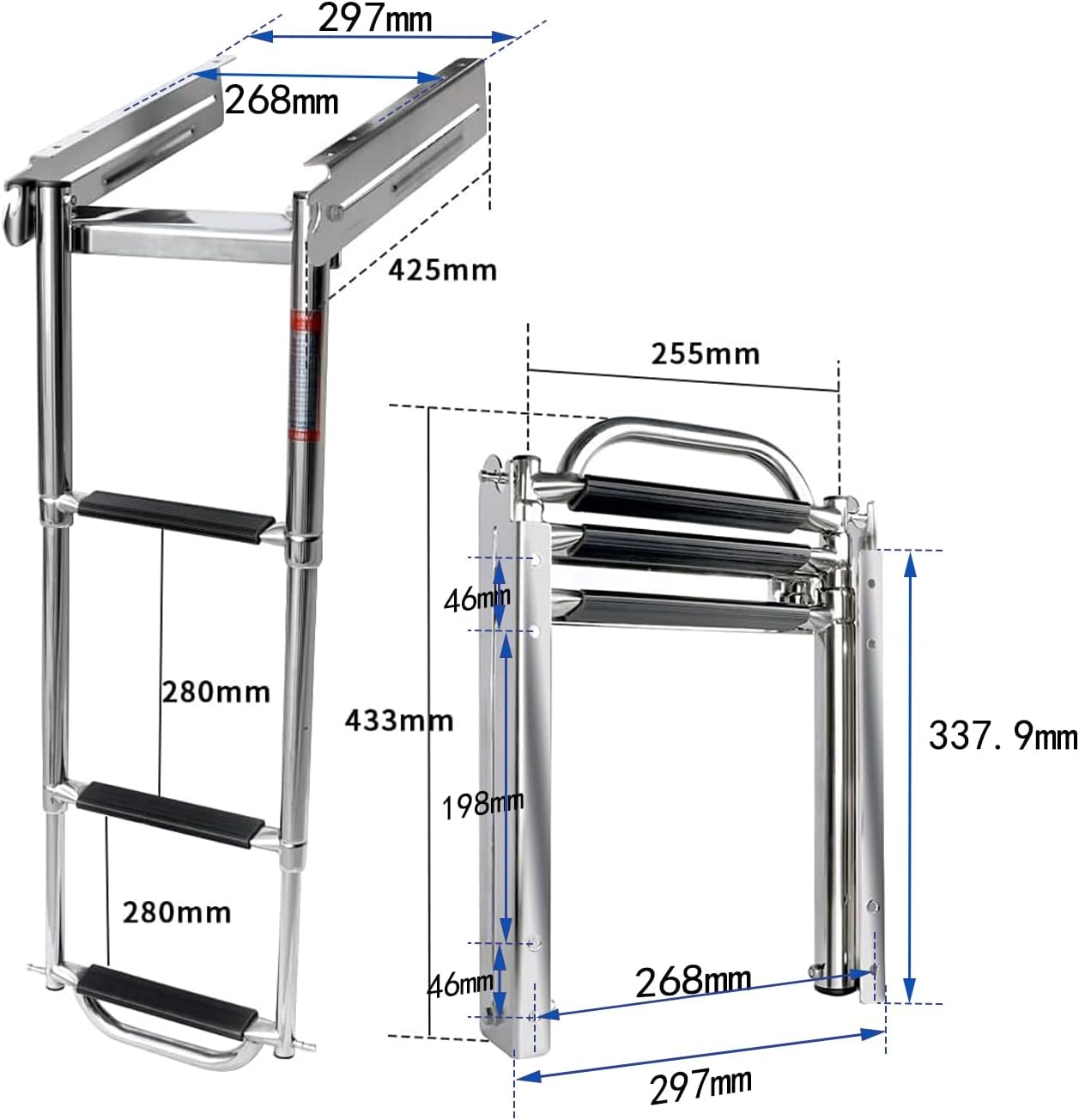 Seamax 3-Step Ladder Under Platform Slide Mount Boat Boarding Ladder, Telescoping Ladder with a Carry Handle and Mounting Screws, Press-Type Spring Latch