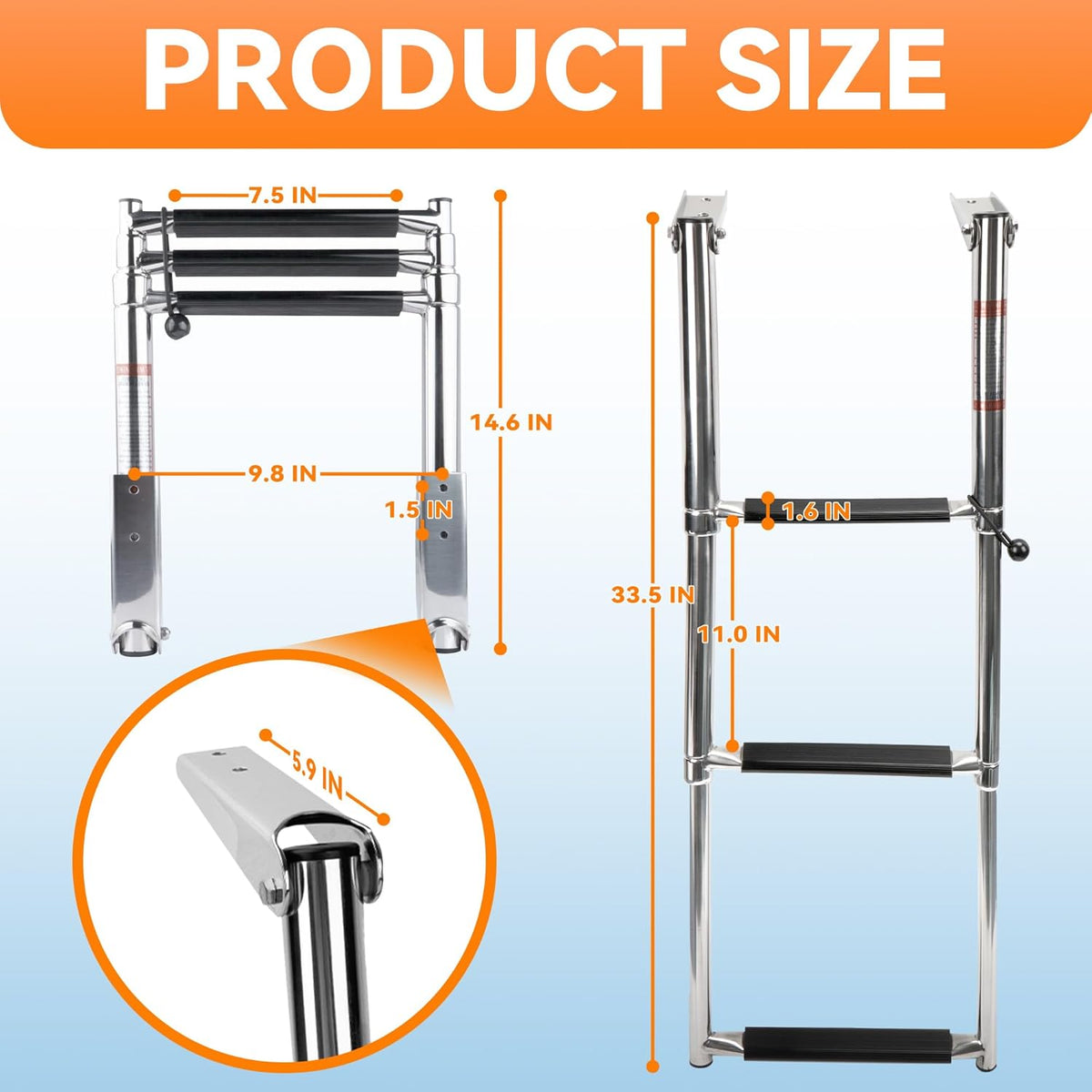 Seamax Boat Ladder 3 Step,Stainless Steel Telescoping Heavy Duty Pontoon Swim Boarding Ladder for Outboards,Yacht,Marine Fishing Boat