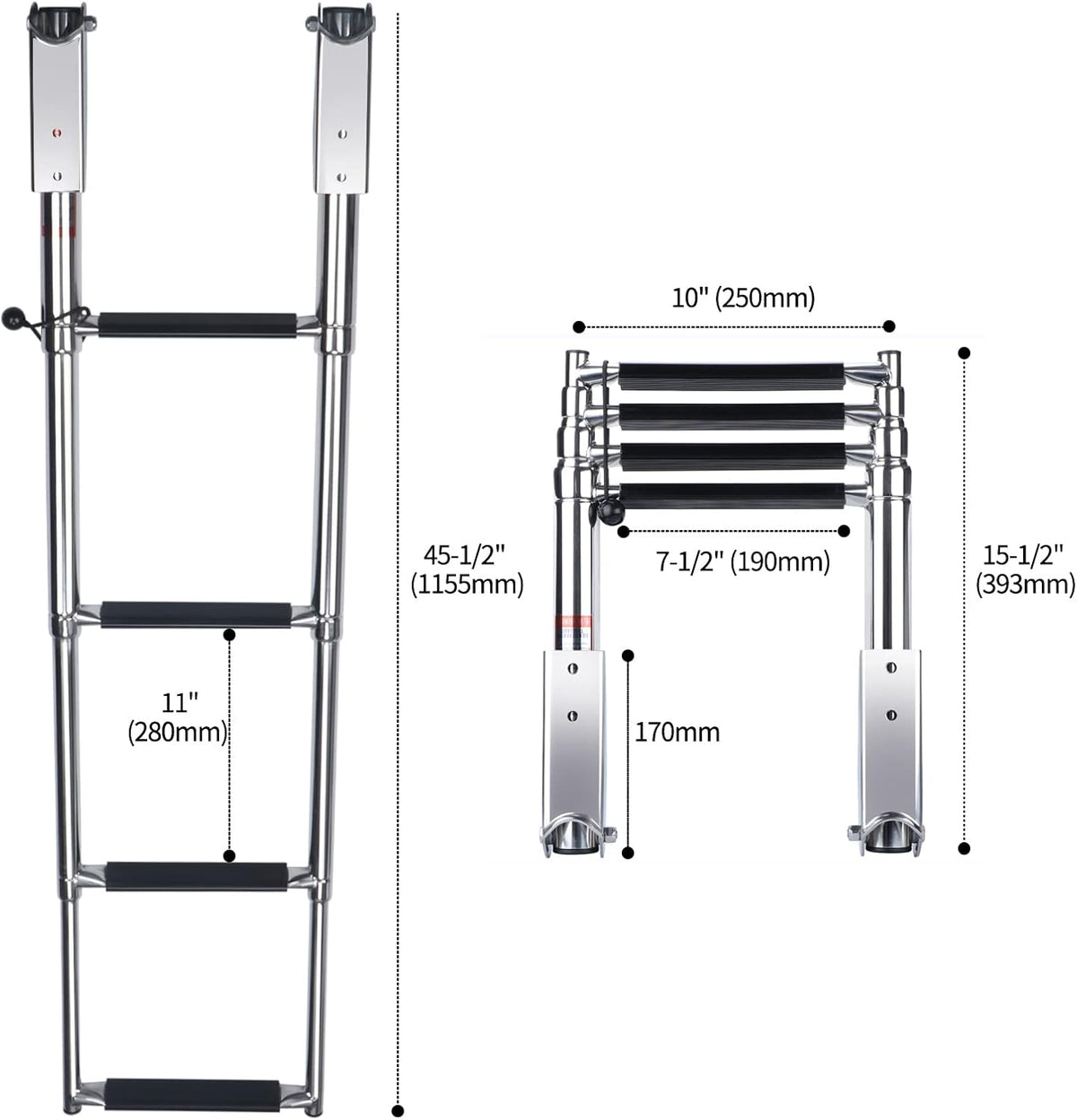 Seamax Telescopic 4 Step Ladder Stainless Steel Telescoping Extendable Ladder 600 Pound Capacity for Marine Yacht/Swimming Pool