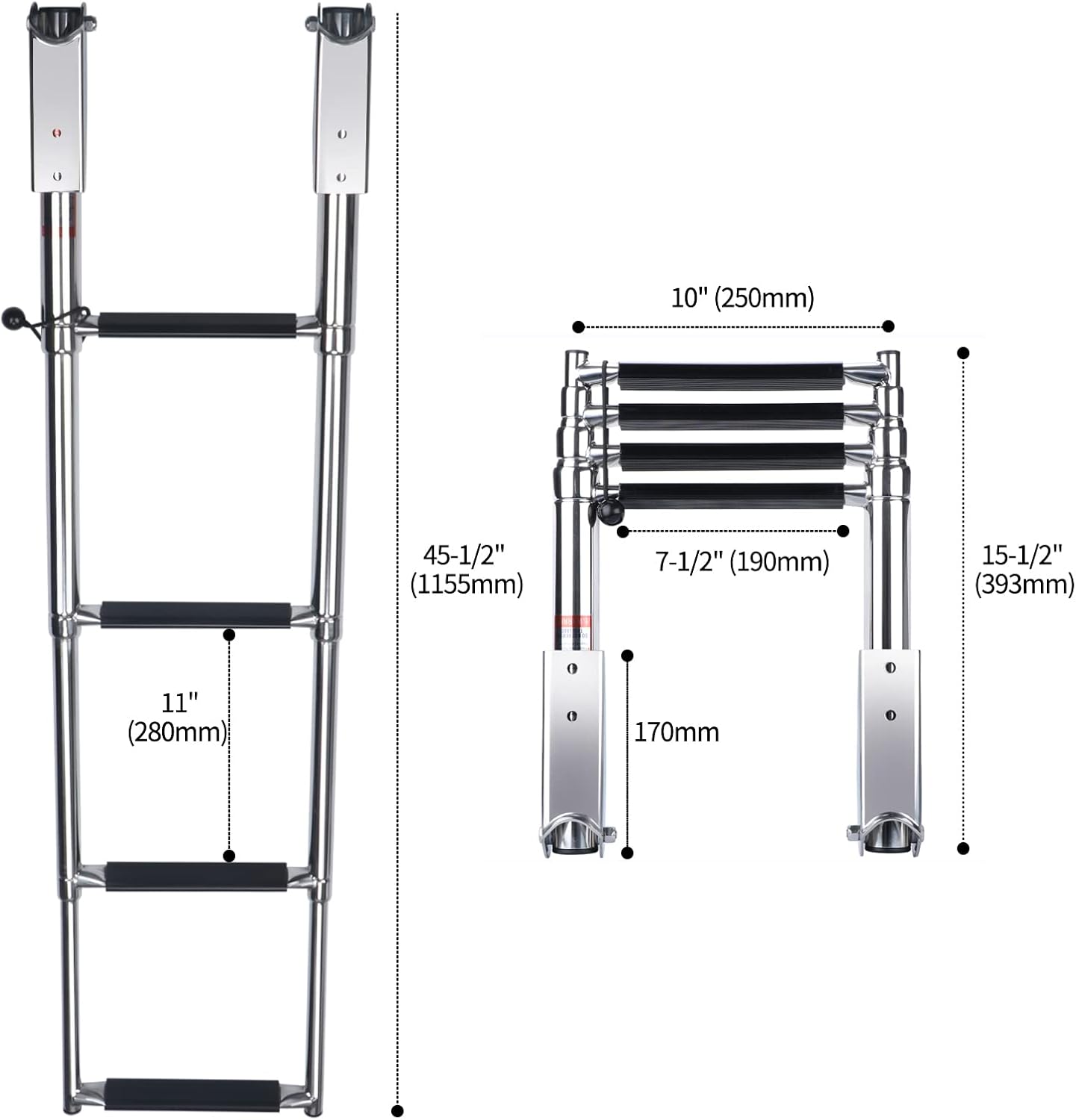 Seamax Telescopic 4 Step Ladder Stainless Steel Telescoping Extendable Ladder 600 Pound Capacity for Marine Yacht/Swimming Pool