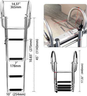 Seamax 4 Step Pontoon Boat Ladder, Stainless Steel Telescoping Folding Boat Ladder Rear Entry Heavy Duty Custom Inboard with Pedal and Safe Handrails