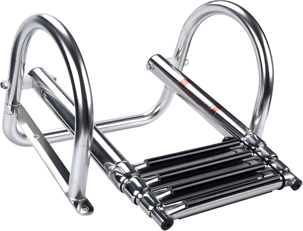 Seamax 4 Step Pontoon Boat Ladder, Stainless Steel Telescoping Folding Boat Ladder Rear Entry Heavy Duty Custom Inboard with Pedal and Safe Handrails