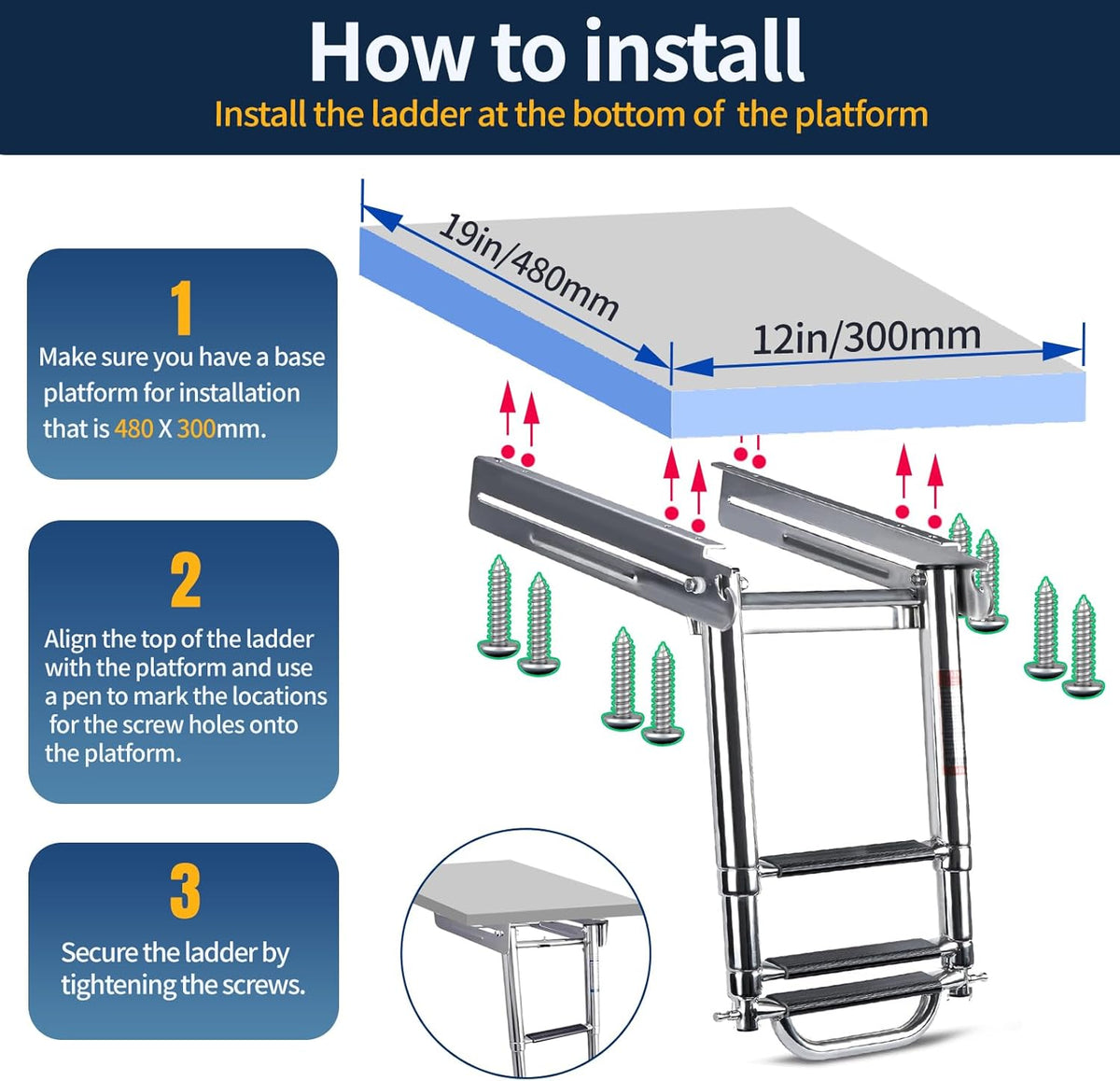 Seamax 3-Step Ladder Under Platform Slide Mount Boat Boarding Ladder, Telescoping Ladder with a Carry Handle and Mounting Screws, Press-Type Spring Latch