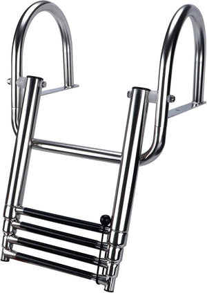 Seamax 4 Step Pontoon Boat Ladder, Stainless Steel Telescoping Folding Boat Ladder Rear Entry Heavy Duty Custom Inboard with Pedal and Safe Handrails