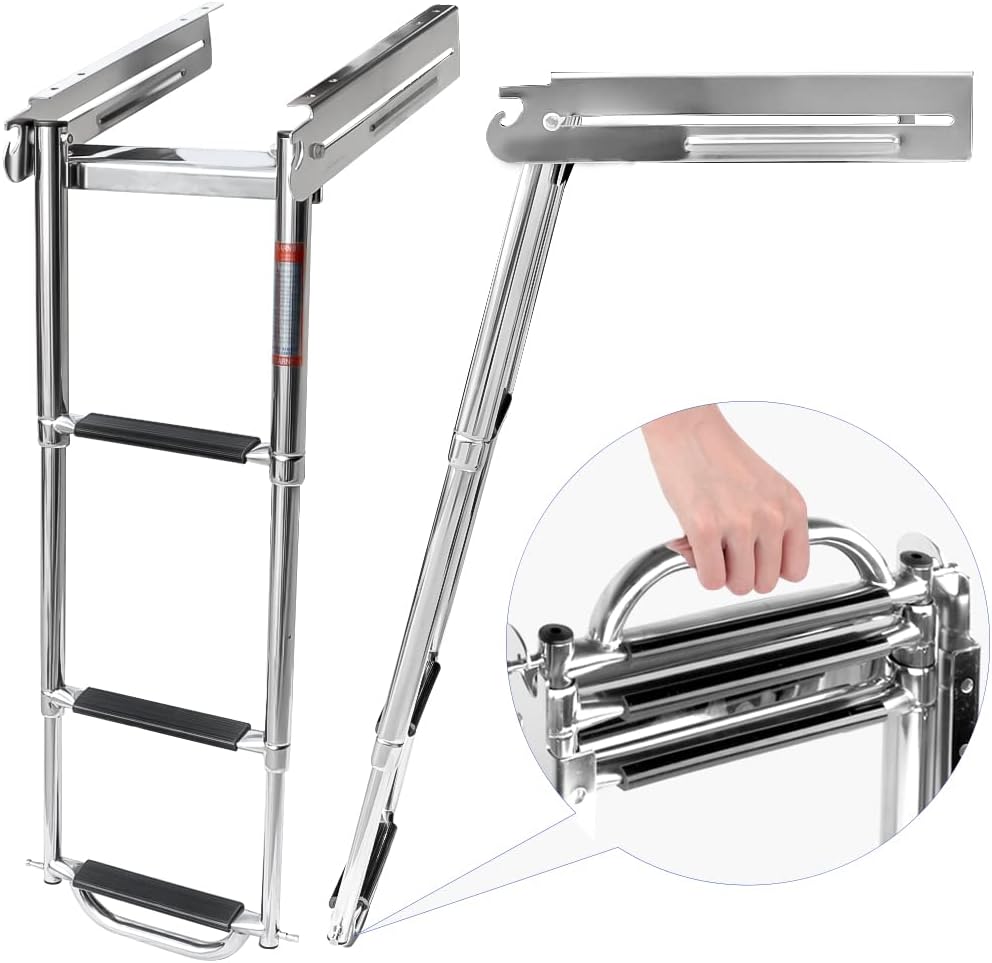 Seamax 3-Step Ladder Under Platform Slide Mount Boat Boarding Ladder, Telescoping Ladder with a Carry Handle and Mounting Screws, Press-Type Spring Latch