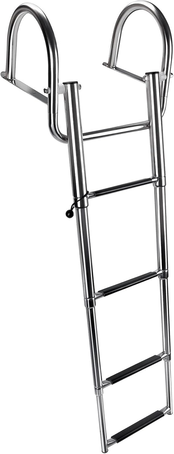 Seamax 4 Step Pontoon Boat Ladder, Stainless Steel Telescoping Folding Boat Ladder Rear Entry Heavy Duty Custom Inboard with Pedal and Safe Handrails
