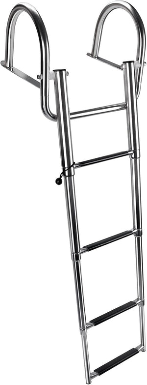 Seamax 4 Step Pontoon Boat Ladder, Stainless Steel Telescoping Folding Boat Ladder Rear Entry Heavy Duty Custom Inboard with Pedal and Safe Handrails
