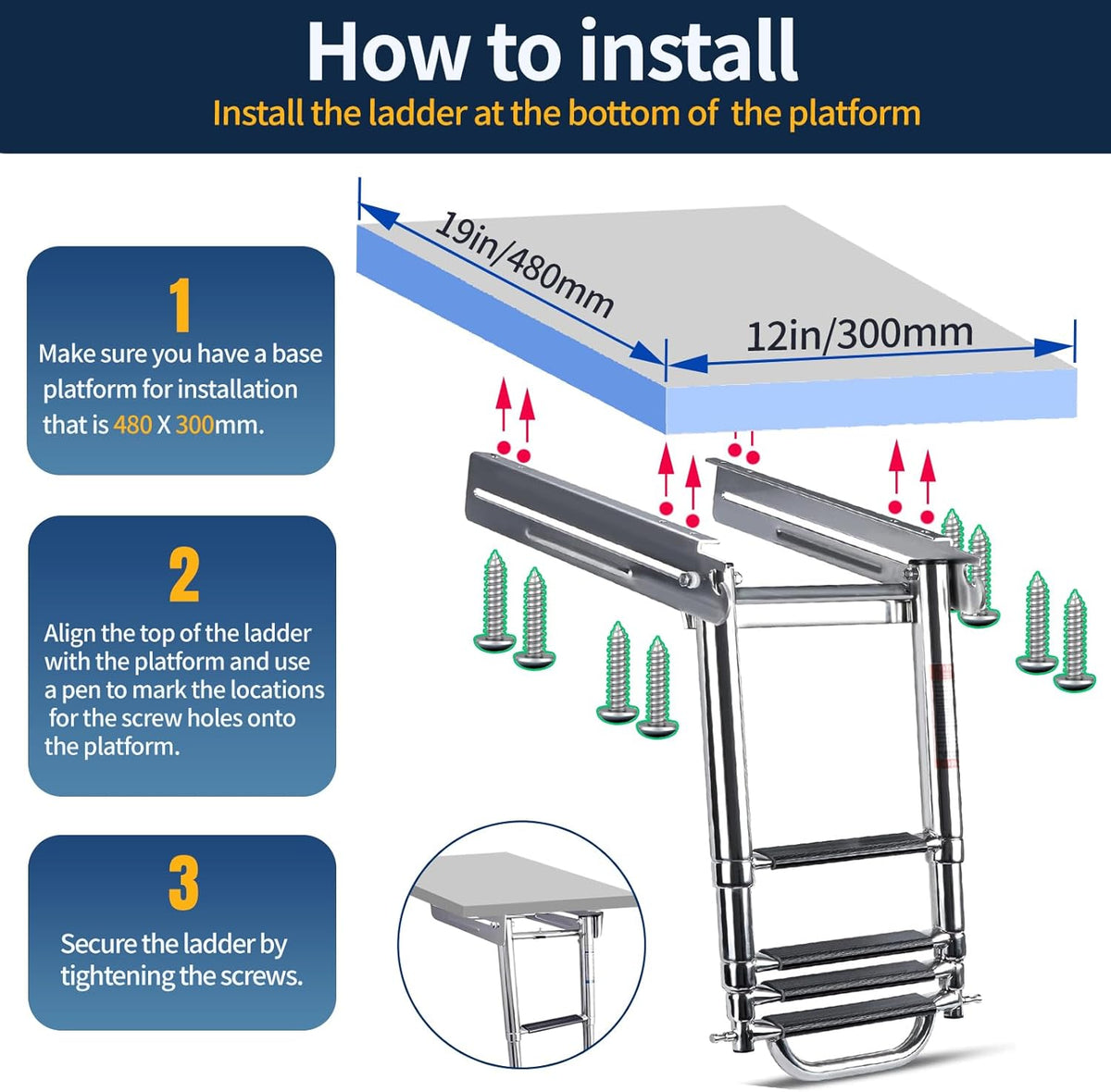 Seamax 4 Step Boat Ladder Under Platform Slide Mount Boat Boarding Ladder, Telescoping Ladder with a Carry Handle and Mounting Screws, Press-Type Spring Latch
