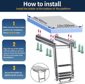 Seamax 4 Step Boat Ladder Under Platform Slide Mount Boat Boarding Ladder, Telescoping Ladder with a Carry Handle and Mounting Screws, Press-Type Spring Latch