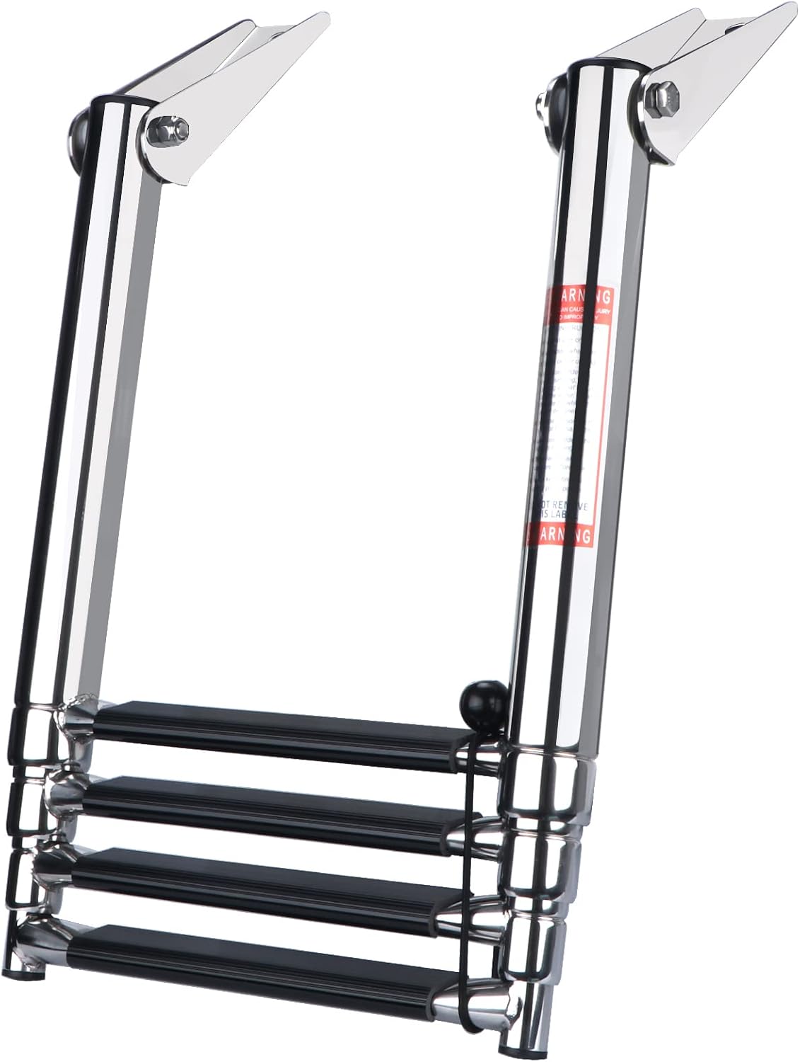 Seamax Telescopic 4 Step Ladder Stainless Steel Telescoping Extendable Ladder 600 Pound Capacity for Marine Yacht/Swimming Pool