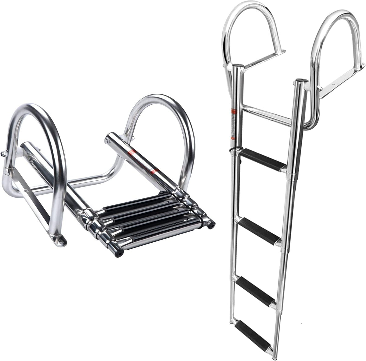 Seamax 4 Step Pontoon Boat Ladder, Stainless Steel Telescoping Folding Boat Ladder Rear Entry Heavy Duty Custom Inboard with Pedal and Safe Handrails