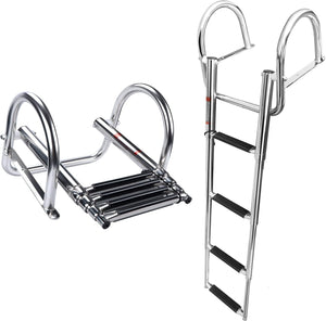 Seamax 4 Step Pontoon Boat Ladder, Stainless Steel Telescoping Folding Boat Ladder Rear Entry Heavy Duty Custom Inboard with Pedal and Safe Handrails