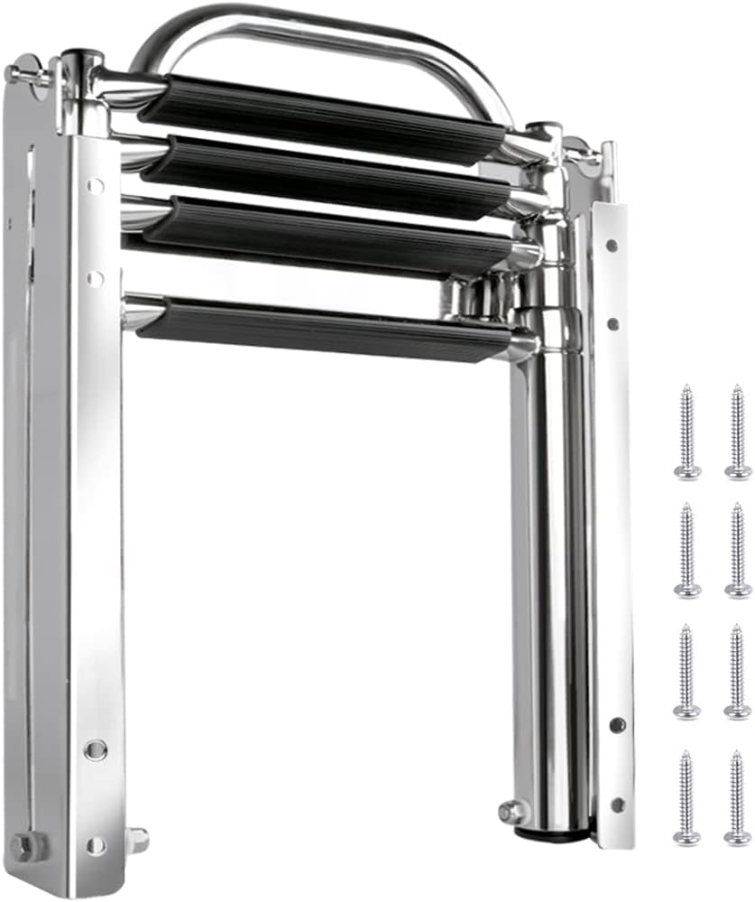 Seamax 4 Step Boat Ladder Under Platform Slide Mount Boat Boarding Ladder, Telescoping Ladder with a Carry Handle and Mounting Screws, Press-Type Spring Latch