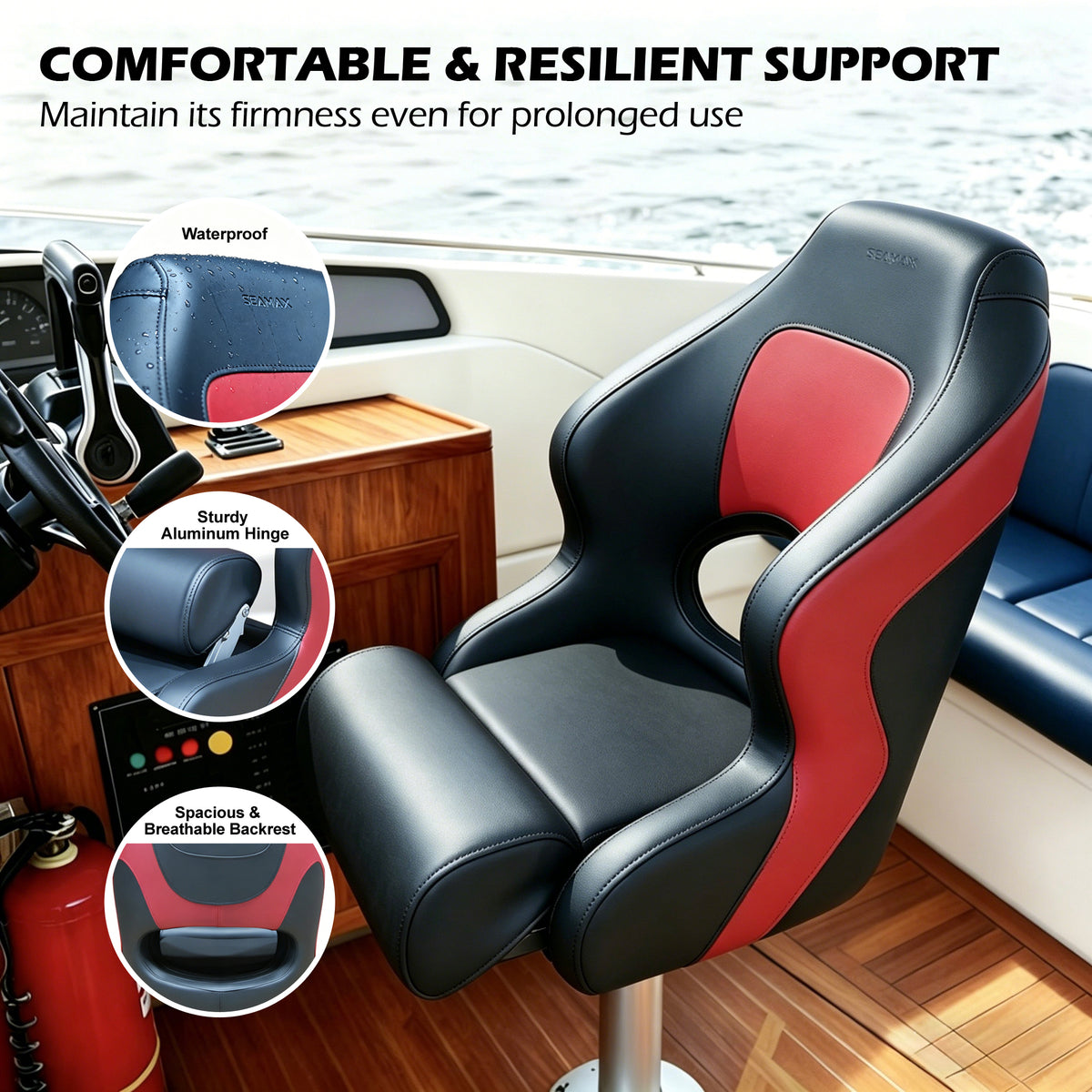 Seamax BS002BKR Series Premium Bucket Seat, Sport Flip Up Seat, Captain Seat (Black/Red)