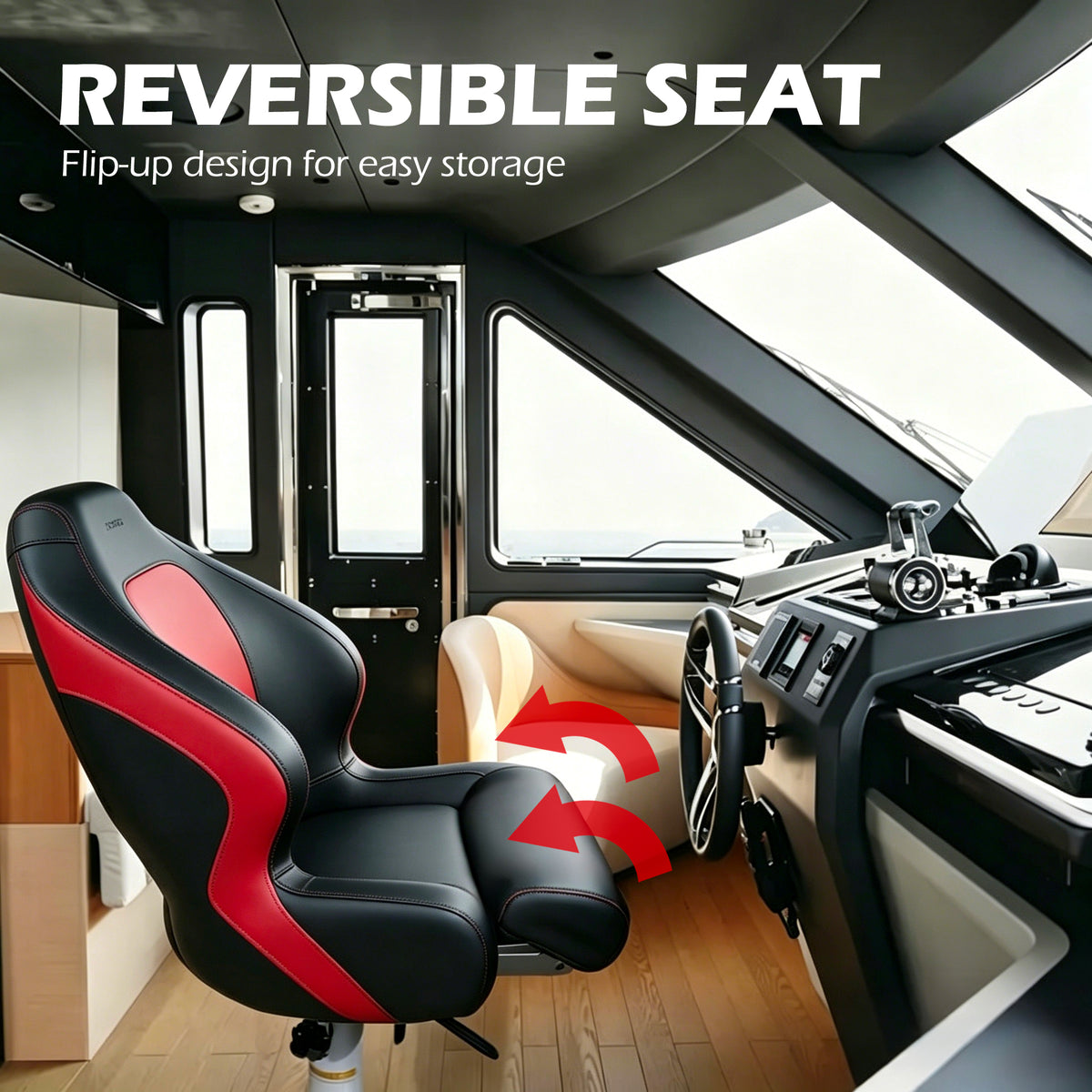 Seamax BS002BKR Series Premium Bucket Seat, Sport Flip Up Seat, Captain Seat (Black/Red)