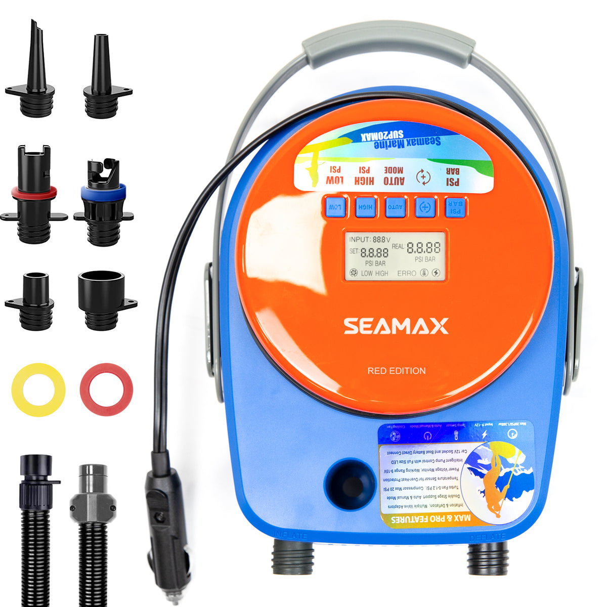 Seamax SUP20Max Red Edition Double Stage 20PSI Electric Air Pump for Inflatable SUP Boat and kayak, Temperature Control with Cooling Fan, with Auto &amp; Manual Working Mode