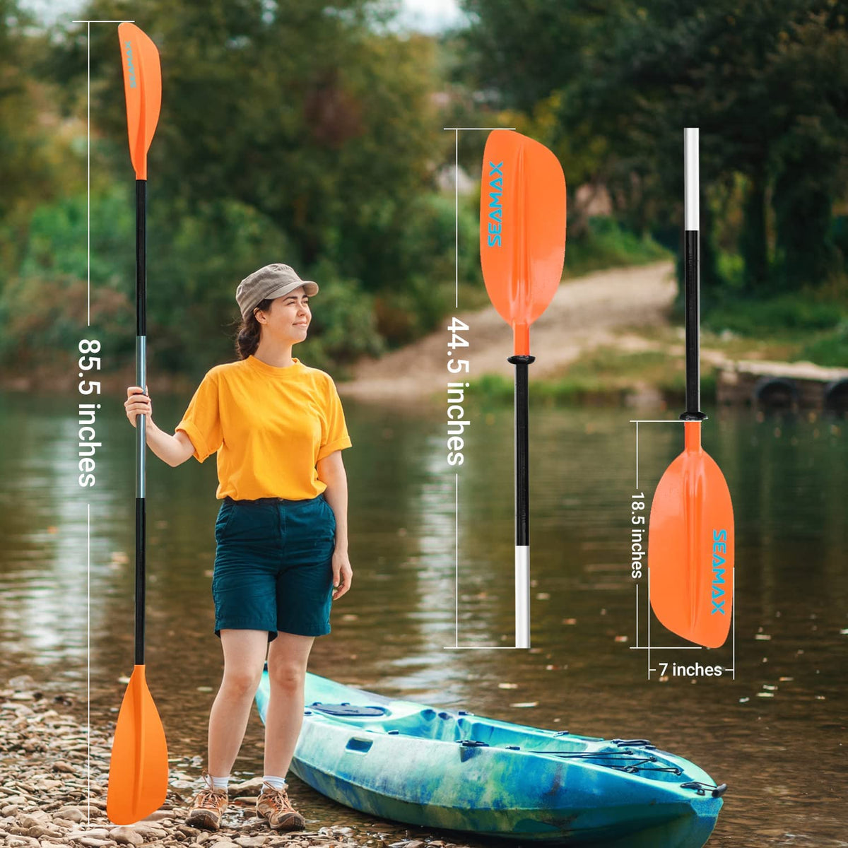 Seamax Marine Kayak Paddle Blade, 1.6 Lbs Light Weight Aluminum Shaft with 3 Adjustable Angle, 14” Ultra Long Hand Grip &amp; Overall Length 85.5”/220cm, 2 Color Options