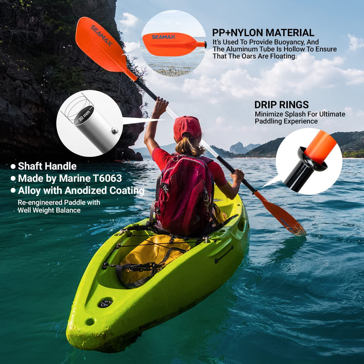 Seamax Marine Kayak Paddle Blade, 1.6 Lbs Light Weight Aluminum Shaft with 3 Adjustable Angle, 14” Ultra Long Hand Grip &amp; Overall Length 85.5”/220cm, 2 Color Options