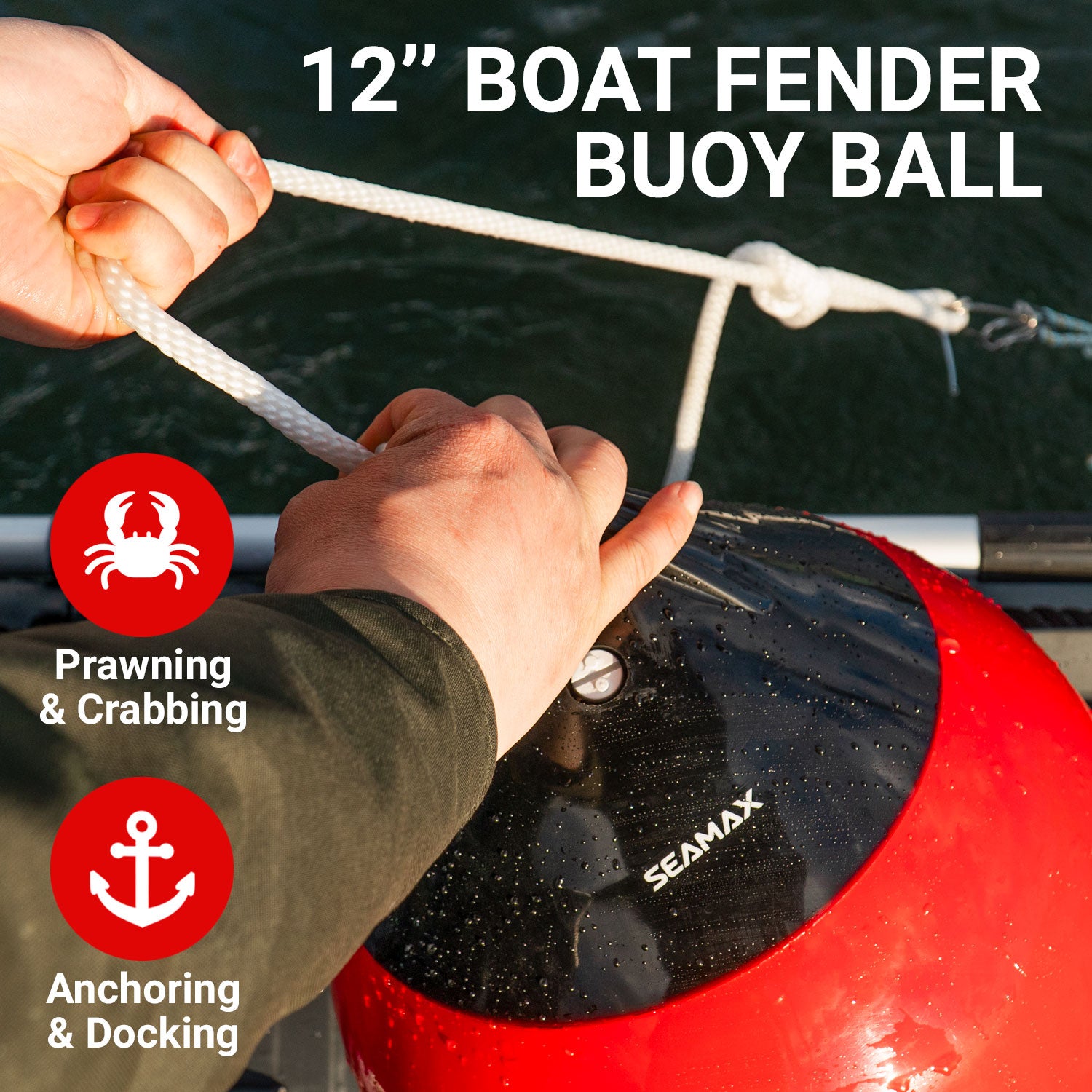 SEAMAX Boat Fenders Ball Round Anchor Buoy, 12" x 15", Heavy-Duty Marine-Grade Vinyl, Red Boat Mooring Buoys, Round Inflatable Balls for Docking/Fishing/Crab/etc.