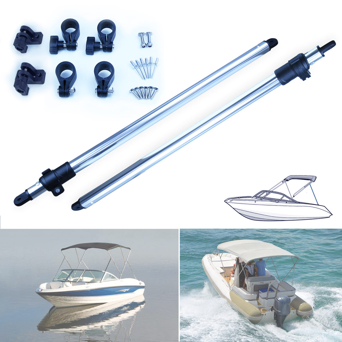 Seamax Length Adjustable Bimini Rear Support Pole Kit, Telescopic Design & with 1" Diameter Fittings