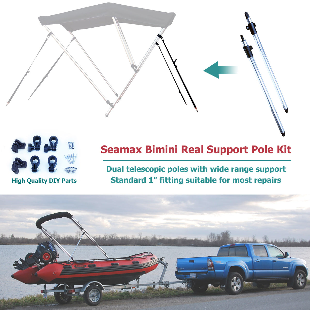 Seamax Length Adjustable Bimini Rear Support Pole Kit, Telescopic Design & with 1" Diameter Fittings