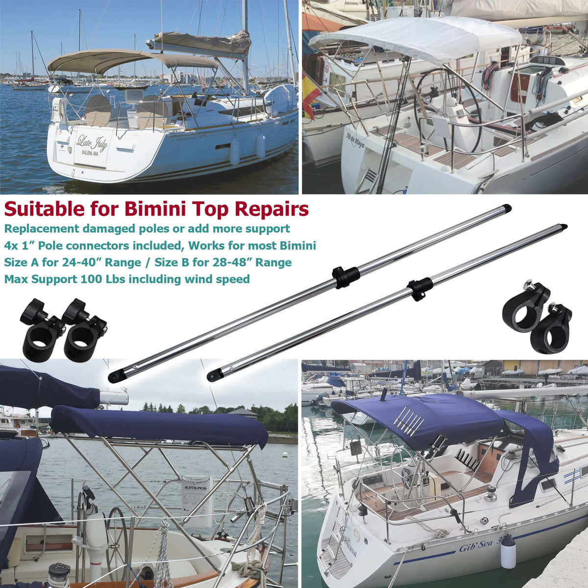 Seamax Length Adjustable Bimini Rear Support Pole Kit, Telescopic Design & with 1" Diameter Fittings