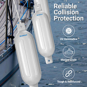 Seamax Heavy Duty Ribbed Boat Fender with 5ft Rope, Marine Guard PVC Material Plus UV & Heat Reduced White Coating, Integrated Air Valve with Free Pump