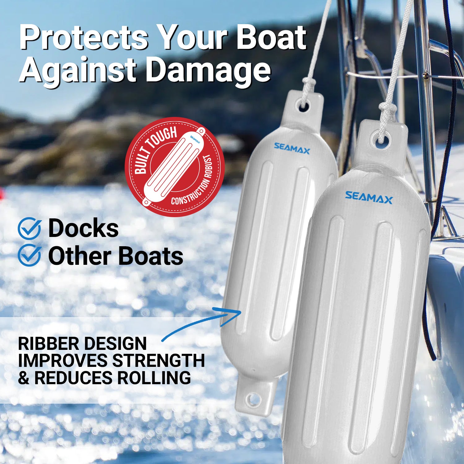 Seamax Heavy Duty Ribbed Boat Fender with 5ft Rope, Marine Guard PVC Material Plus UV & Heat Reduced White Coating, Integrated Air Valve with Free Pump