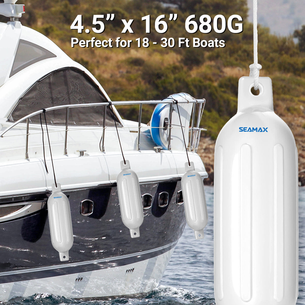 Seamax Heavy Duty Ribbed Boat Fender with 5ft Rope, Marine Guard PVC Material Plus UV &amp; Heat Reduced White Coating, Integrated Air Valve with Free Pump