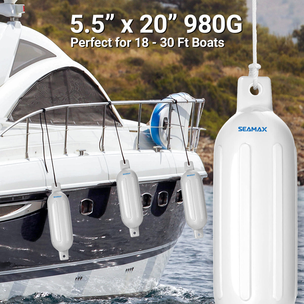 Seamax Heavy Duty Ribbed Boat Fender with 5ft Rope, Marine Guard PVC Material Plus UV &amp; Heat Reduced White Coating, Integrated Air Valve with Free Pump
