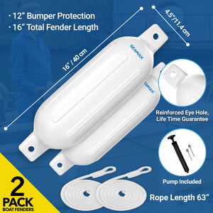Pack of 2, Seamax Heavy Duty Ribbed Inflatable Boat Fender with 5ft Rope  4.5" x 16", Marine Guard PVC in White