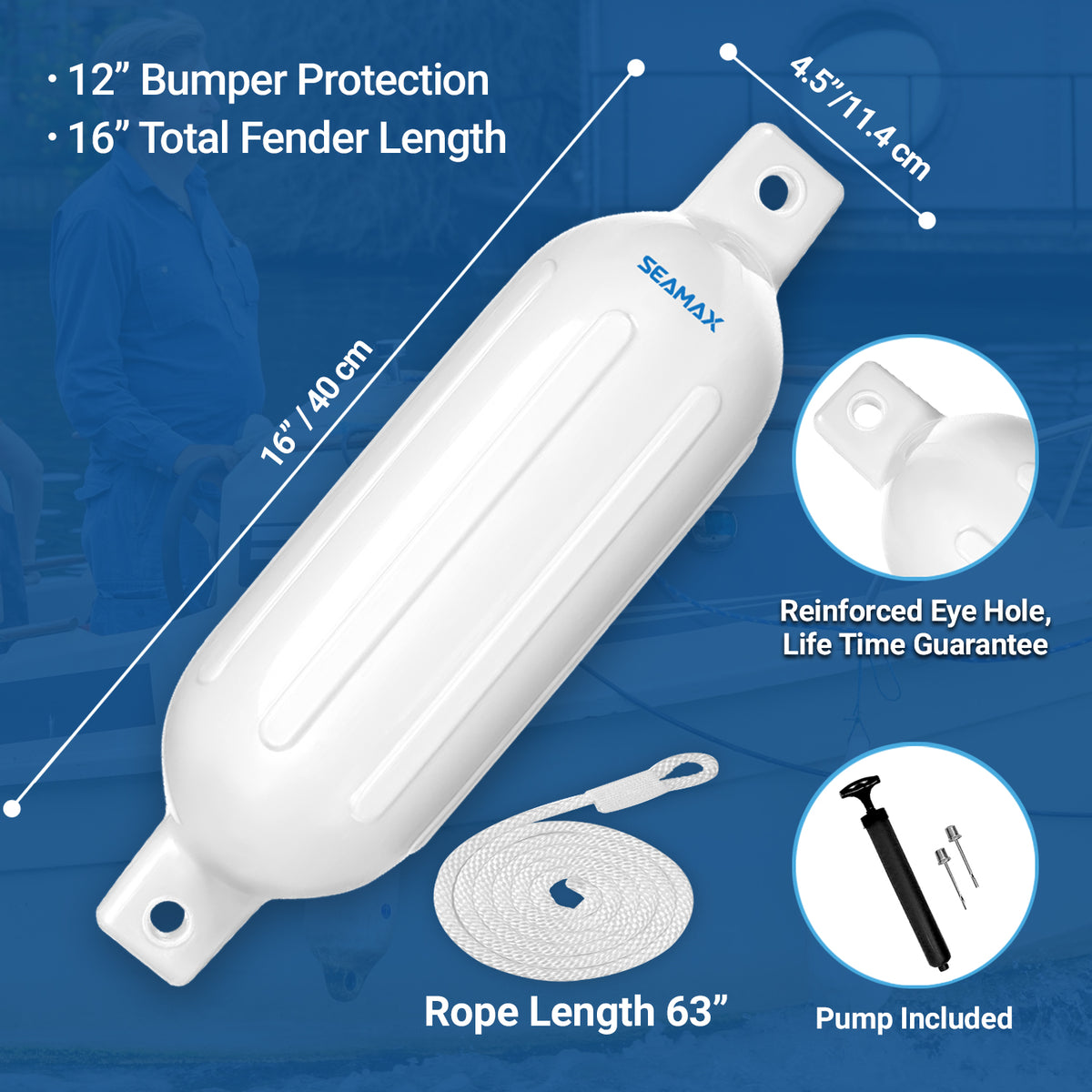 Seamax Heavy Duty Ribbed Boat Fender with 5ft Rope, Marine Guard PVC Material Plus UV &amp; Heat Reduced White Coating, Integrated Air Valve with Free Pump