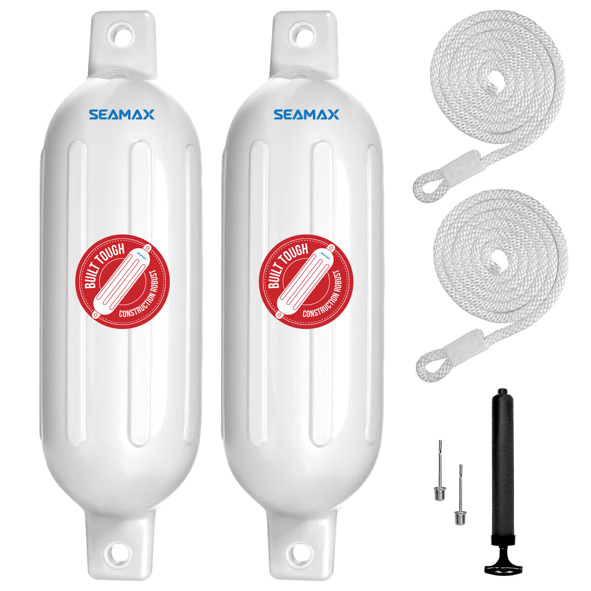Pack of 2, Seamax Heavy Duty Ribbed Inflatable Boat Fender with 5ft Rope  6.5&quot; x 23&quot;, Marine Guard PVC in White