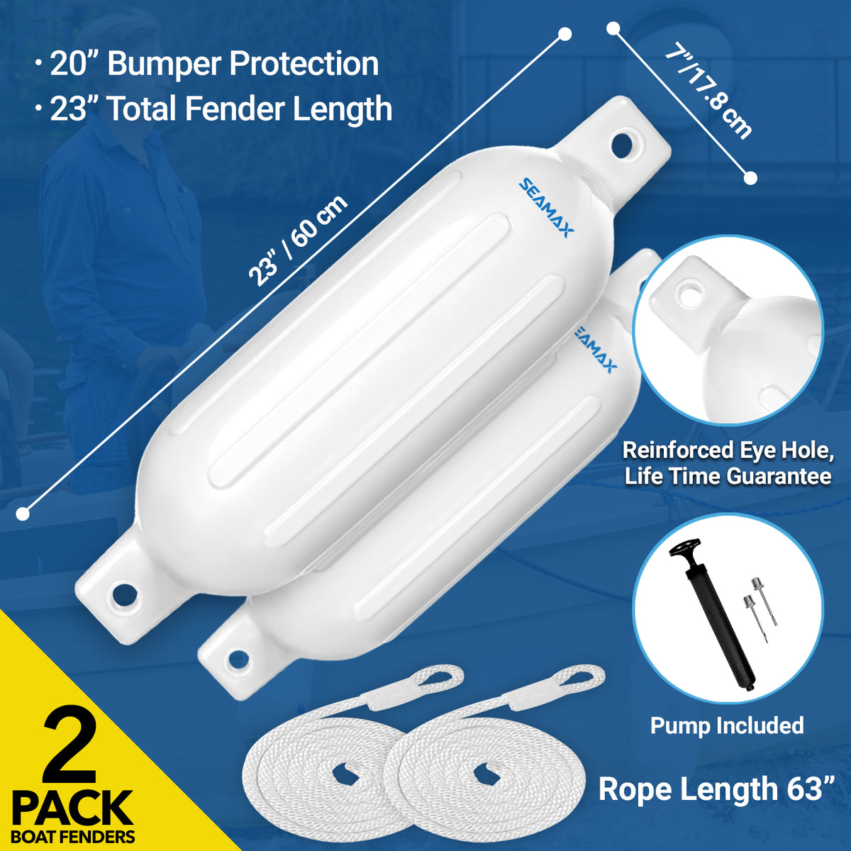 Pack of 2, Seamax Heavy Duty Ribbed Inflatable Boat Fender with 5ft Rope  6.5&quot; x 23&quot;, Marine Guard PVC in White